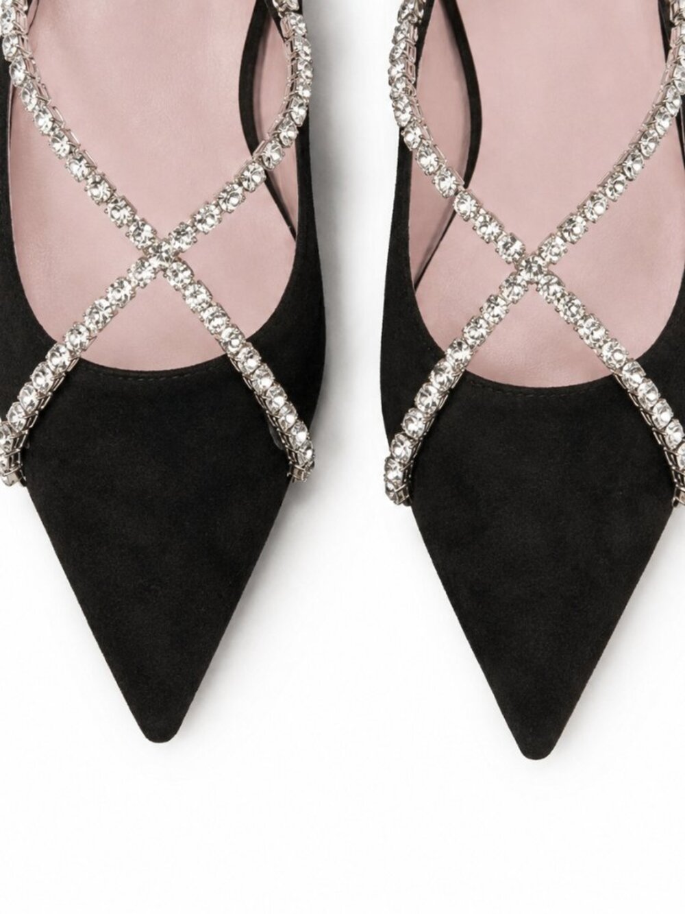 Pretty Ballerinas Ella Black Suede Crystal Strap Pointed-Toe Flats NWT